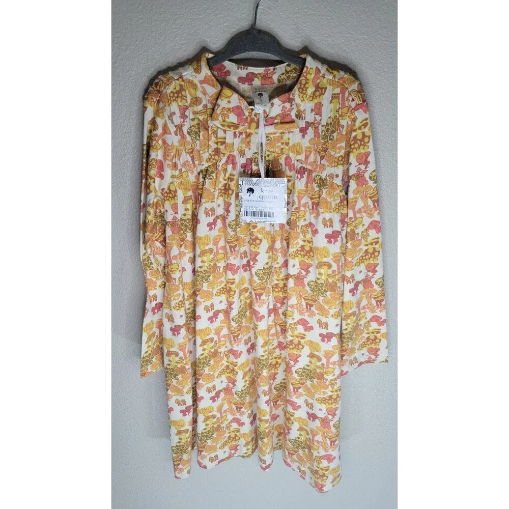 Kate Quinn 7Y Neutral Multi Mushroom Long Sleeve Library Dress NWT Organic Cotto
